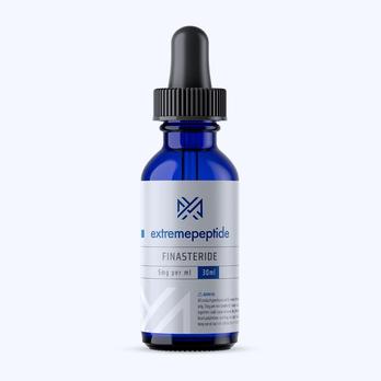 Liquid finasteride in a cobalt blue glass dropper bottle